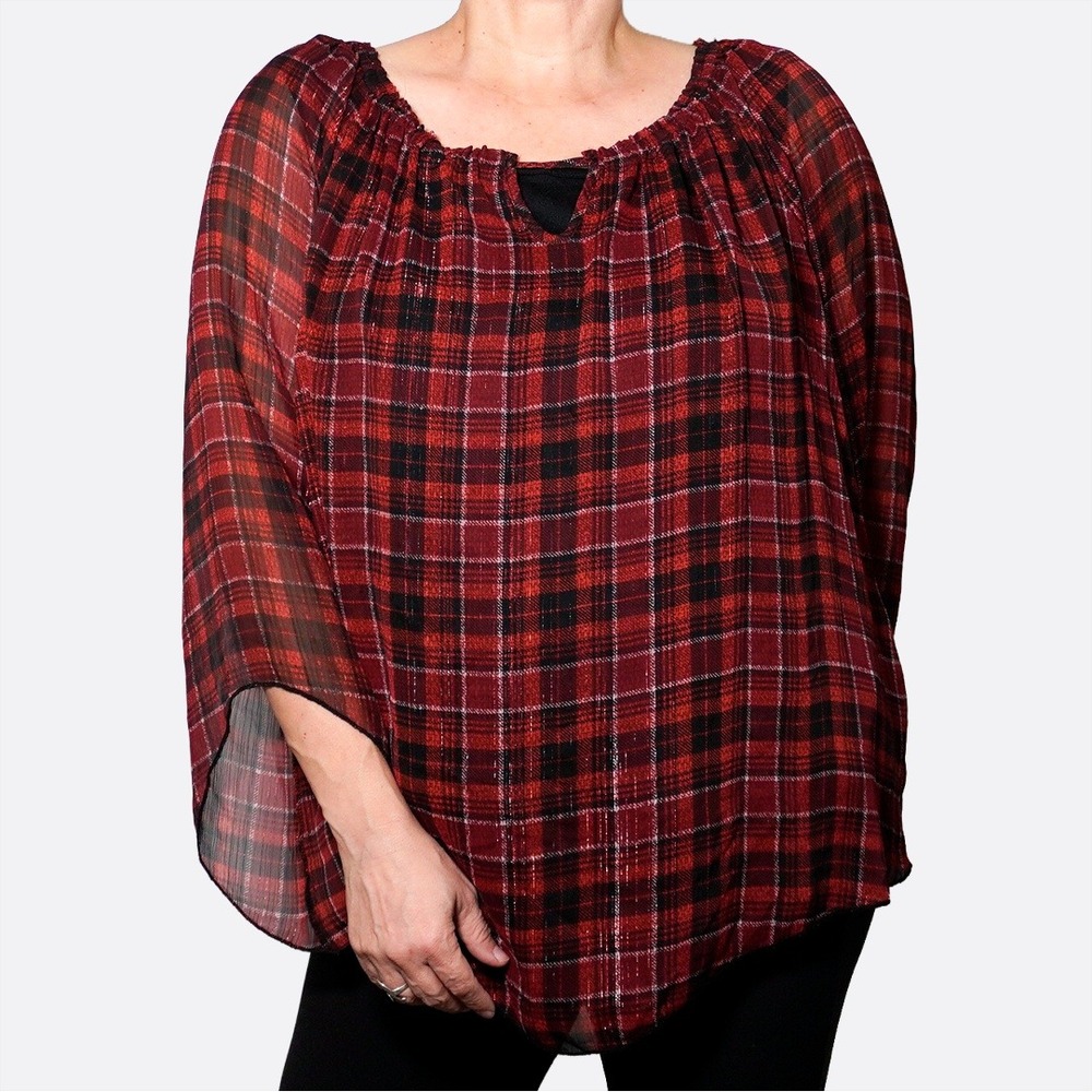 Dressbarn Metallic Red Plaid Layered Boho‎ Blouse Plus Size 2X XXL Holiday Glam